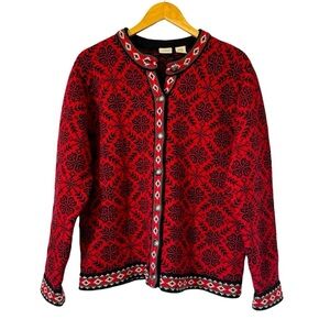 LL Bean Cardigan Sweater Red Snowflake Merino Lambswool 100% Wool Vintage Large